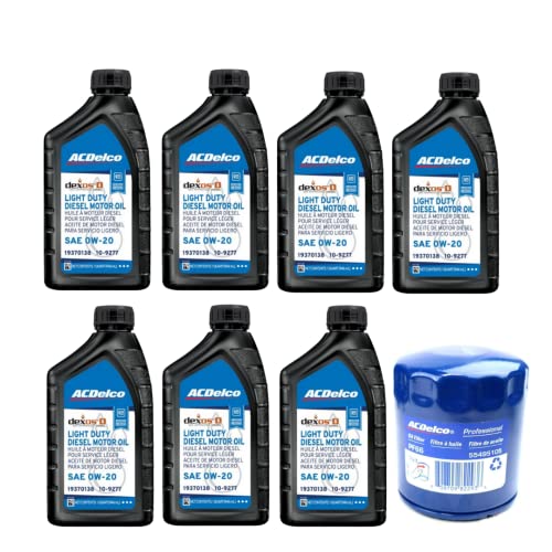 ACDelco DexosD Oil Change Kit 0W-20 Light Duty Diesel Engine Oil 19370138, 10-9277 and AC Delco PF66, 55495105, 19391402 Oil Filter (See Description For compatible vehicles)